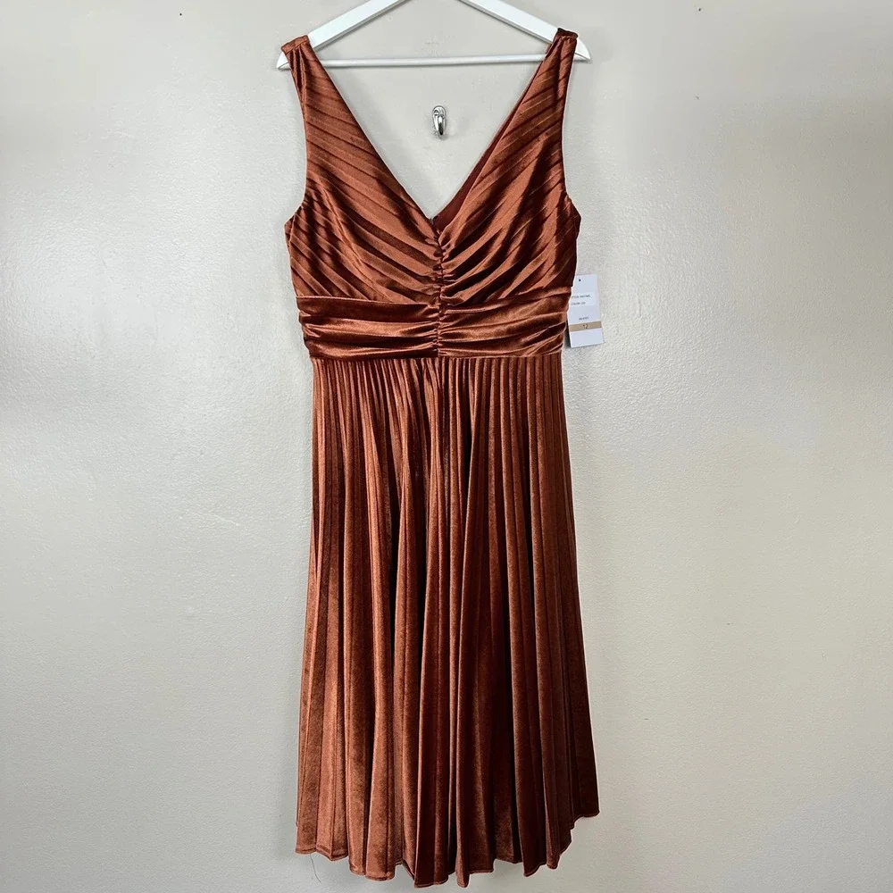 Maison Tara Women's 12 Pleated Velvet Midi Dress Cinnamon‎ Prom Formal NEW